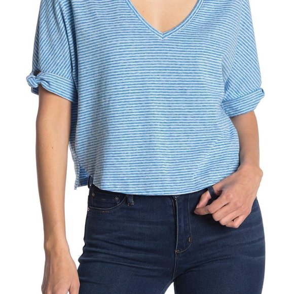 NEW MELROSE AND MARKET Knot Sleeve Stripe Printed Cropped T-shirt In Blue L - Picture 2 of 2